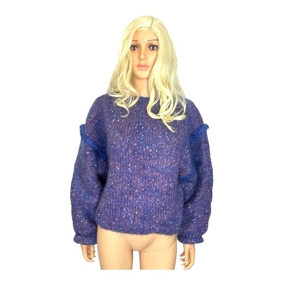 Hand Knit W's M/L Mohair Wool Oversized Sweater Drop Sleeve Trim Purple Blue - Picture 9 of 9